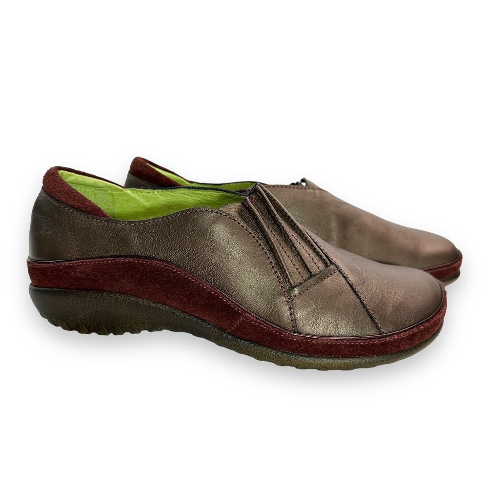 Naot Loafers Shoes Womens Sz 37 US 6 Bronze Leather Bergundy Suede Slip On Flats